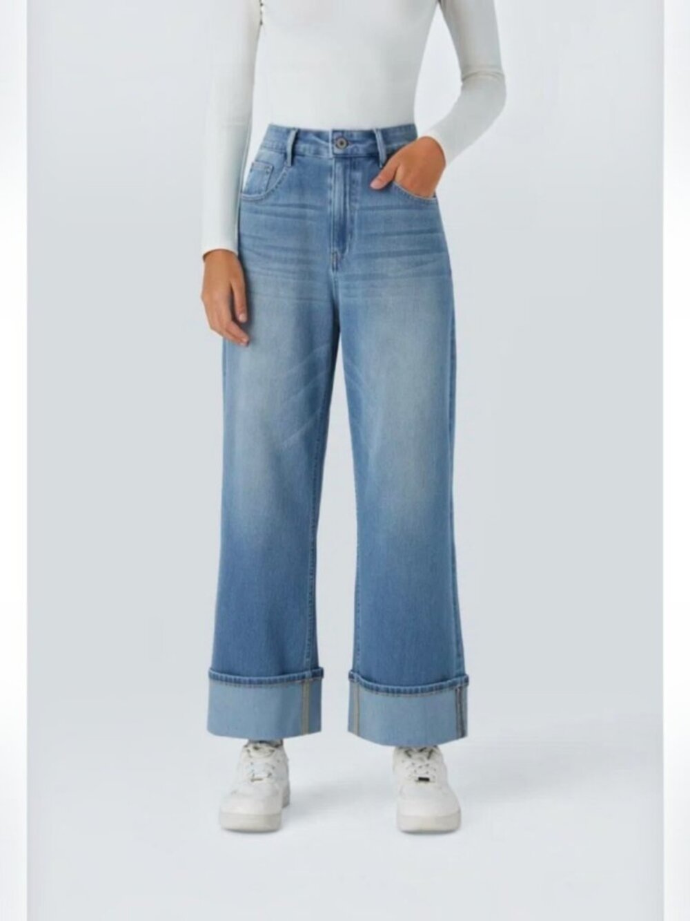 NWT Halara Petite Medium Flex High Waisted Rolled Cuff Wide Leg Jeans Blue 060
